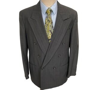 JT Beckett Blazer Mens 40R Charcoal Blue Pinstripe Double Breasted Jacket VTG